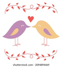 Cute hand-drawn birds with laurel, flowers, plants. Valentine's day element. Couple of birds in love in cartoon and doodle style. Sticker. Ideal for games, logos, postcards, books, wrapping paper