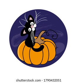 A cute hand-drawn black cat is sitting on a pumpkin. Halloween vector card. Round sticker, sticker on a purple background.