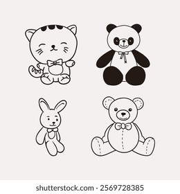 Cute hand-drawn black and white illustration of four animal plush toys, including a bunny, bear, panda, and cat with bow ties, emphasizing charm and softness. Perfect for children, decoration, or toy 