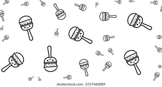 Un lindo, dibujado a mano, patrón blanco y negro con pinceles sonrientes y maracas esparcidas sobre un fondo blanco.