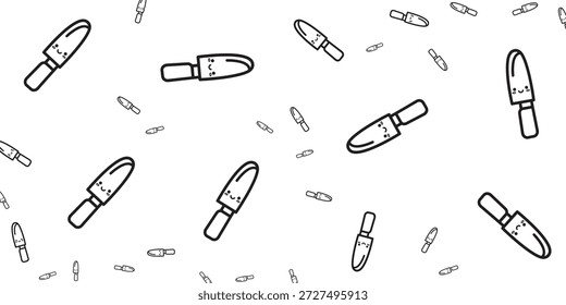 A cute, hand-drawn, black and white pattern featuring smiling knives scattered across a white background. The knives have simple, happy faces with eyes and mouths. - Powered by Shutterstock - Get 15% off with code: PIKWIZARD15