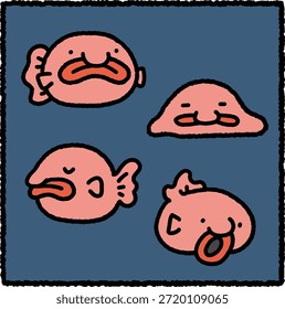 Bonito conjunto de ilustração blobfish desenhado à mão apresentando quatro poses simples em um estilo de desenho animado de contorno grosso. Blobfish são peixes do mar profundo adaptados a ambientes de alta pressão, conhecidos por seus corpos gelatinosos. Ideal para projetos de educação sobre a vida selvagem, biologia marinha e ciências do mar profundo.