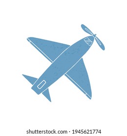 Cute hand-drawn blue plane with texture. Boyish retro toy. Cartoon icon vector isolated illustration.
