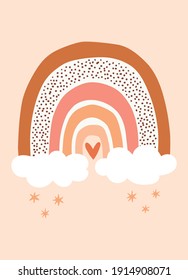 Cute Handdrawn Boho Rainbow With Clouds And Little Heart On Peach Background. Simple Style Nursery Wall Art For Baby Boy And Baby Girl. Vector Illustration Ideal As Card, Invitation, Poster.