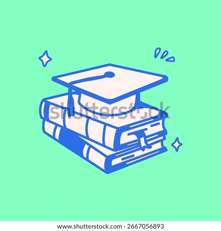 Cute Handdrawn Books Stack with Graduation Cap Education Symbol Design