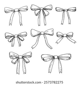 Cute hand-drawn bows. Set of ink outline vector illustrations isolated on white background.