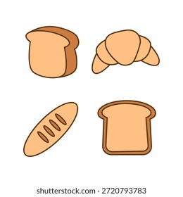 Cute Handdrawn Bread Assortment Loaf Croissant Slice Bakery Food Icon Set