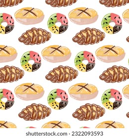 Cute hand-drawn bread pattern background. bakery production vector illustration