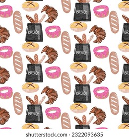 Cute hand-drawn bread pattern background. bakery production vector illustration
