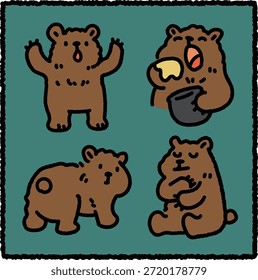 Lindo conjunto de pegatinas de oso marrón dibujado a mano con cuatro adorables osos en poses como animar, comer de un tazón, caminar y sentarse con calma, sobre un fondo verde.