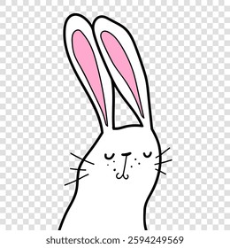 Cute hand-drawn bunny with pink ears and a sleepy look. Adorable design for cards, Easter themes, or kids projects. Transparent background. EPS 10.