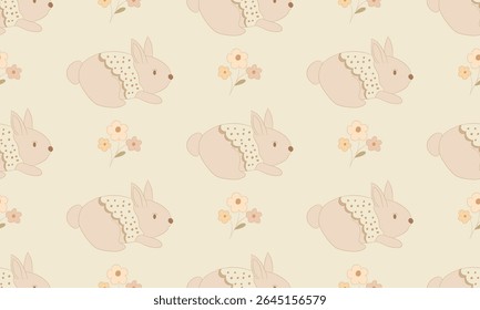 Lindo conejito dibujado a mano sin patrón con flores en tonos beige