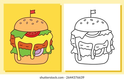 Ilustração de hambúrguer bonito desenhado à mão com linhas em negrito e detalhes divertidos. Perfeito para livros infantis, páginas para colorir, t-shirts, adesivos, e projetos divertidos temáticos de comida. Vetor e pronto para impressão.