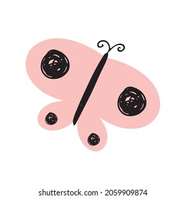 Cute hand-drawn butterfly with large round pink wings in the Scandinavian style. Butterflies, moths, insects. Vector children's illustration.
