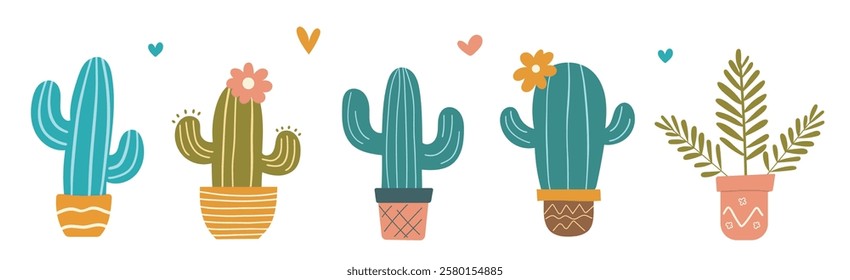 Cute hand-drawn cacti and houseplants in pots with hearts, floral details, and a modern boho style