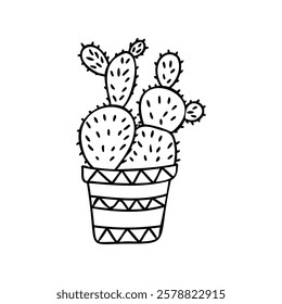 Cute hand-drawn cactus illustration in a decorative pot. Perfect for nature-themed designs, home decor, hobby projects, prints, or stationery 