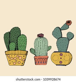 Cute hand-drawn cactus. Set includes 3 cactus in multi-colored pots