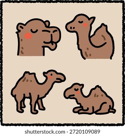 Lindo conjunto de ilustración de camello dibujado a mano con cuatro poses simples en un estilo de dibujos animados de contorno grueso. Los camellos son Grandes mamíferos adaptados a entornos desérticos y áridos, conocidos por sus jorobas y resistencia. Ideal para la educación de la vida silvestre, la biología, la geografía y los diseños con temas de naturaleza.
