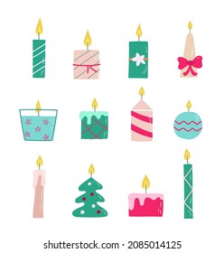 Cute hand-drawn candle set. Vector linear burning candles on white background.