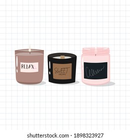 Cute hand-drawn candles in scandinavian style. Hygge time. Candle in glass jar. Aroma candles for cozy evening at home.