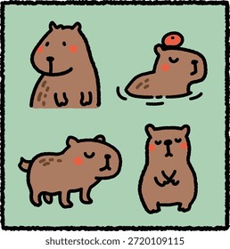 Linda ilustración de capibara dibujada a mano con poses tranquilas y amigables con un estilo de dibujos animados suave. Ideal para el diseño de los niños, la educación, los temas de la naturaleza y las ilustraciones de la vida silvestre suave.