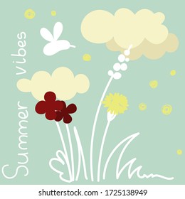 Cute  hand-drawn card design with  abstract  flowers and fliying bee on the blue background  with clouds and  text - summer vibes. Cute vector cartoon background for dresses,textiles, wallpapers, desi