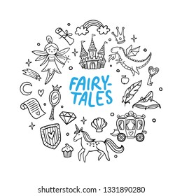 Cute hand-drawn cartoon castle, dragon, unicorn, fairy, and other fairy tale elements. Doodle Vector Illustration. Good for a sticker, indie game, greeting card, badges or coloring page