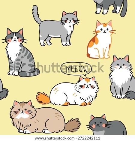 Cute Hand-Drawn Cartoon Cats Seamless Background 