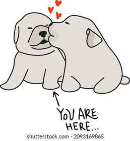 Cute hand-drawn cartoon illustration with dogs boy and girl. The theme of romance, love, and friendship, cute romantic animals couples in love. Greeting card, poster. Wedding, Valentine's Day