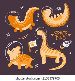 Cute, hand-drawn, cartoon-style dinosaur astronauts. Dinosaurs in space with planets, comets, and stars around them. Can be used for greeting cards, children's fashion, textiles, fabrics, posters, t-s