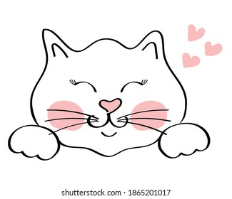 Cute hand-drawn cat in doodle style. Adorable kitten character with hearts. Element for your design and print. For decorating postcards, covers, stickers. Vector illustration. Love