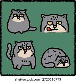 Lindo conjunto de ilustración de gato de Pallas dibujado a mano con cuatro poses simples en un estilo de dibujos animados de contorno grueso. Los gatos de Pallas, también conocidos como manuls, son Pequeños gatos salvajes nativos de las frías praderas y regiones rocosas de Asia Central. Ideal para la educación de la vida silvestre, zoología y diseños con temas de naturaleza.