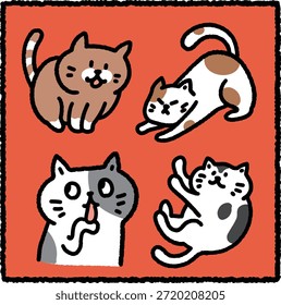 Conjunto de ilustración de gato dibujado a mano lindo con cuatro gatos de dibujos animados amigables en diferentes poses y expresiones. Ideal para temas de mascotas, diseño de niños, gráficos de redes sociales y elementos visuales de animales juguetones.