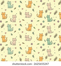 Cute Hand-Drawn Cat Seamless Pattern – Playful Cartoon Kittens with Hearts, Leaves and Flowers
