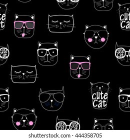 Cute Handdrawn Cat Seamless Pattern Vector Illustration EPS10