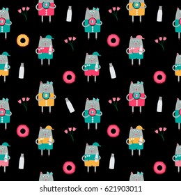 Cute Handdrawn Cat Seamless Pattern Vector Illustration EPS10