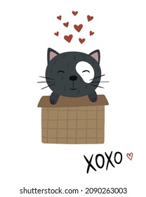 A cute hand-drawn cat sitting in a box. Vector illustration. Valentine's Day Card