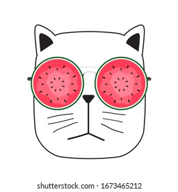 Cute Handdrawn Cat with Watermelon Sunglass Vector Illustration EPS10