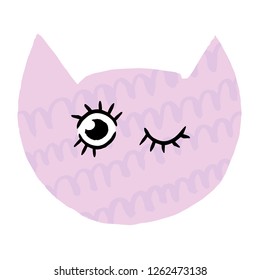 Cute handdrawn cat`s head. Kitten`s head. Ready element for you projects. Ready-to-print design template. Clothes badge, banner, tag. Vector illustration.