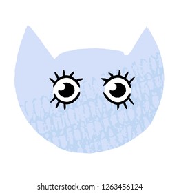 Cute handdrawn cat`s head. Kitten`s head. Ready element for you projects. Ready-to-print design template. Clothes badge, banner, tag. Vector illustration.