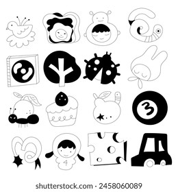 Cute hand-drawn character set black and white