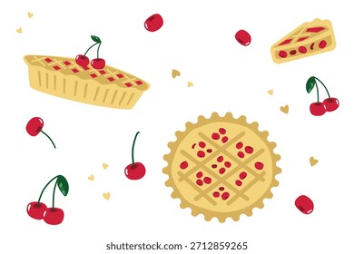 Cute Hand-Drawn Cherry Pie and Dessert Elements with Sweet Pastry Details in Playful Cartoon Style