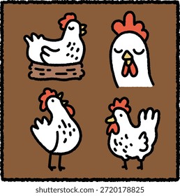 Lindo conjunto de pegatinas de pollo dibujado a mano con cuatro pollos blancos en diferentes poses que incluyen anidar, pararse, caminar y una cara tranquila, sobre un fondo marrón.