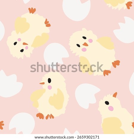 
Cute handdrawn chicks with rosy cheeks and broken egg shells as an abstract holiday pattern in colors of yellow, red, black and off white on pink. Easter seamless vector pattern. Great for home decor
