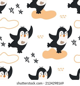 Cute hand-drawn childish seamless pattern with a kind dancing penguin in cartoon style on a white background. Vector illustration. Design of textiles, children's clothing, bed linen, gift wrapping.