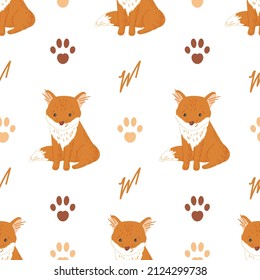 Cute hand-drawn childish seamless pattern with a kind fox in cartoon style on a white background. Vector illustration. Design of textiles, children's clothing, bed linen, gift wrapping.