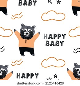 Un lindo patrón infantil sin costuras dibujado a mano con una especie de mapache bailando al estilo de las caricaturas sobre un fondo blanco. Ilustración vectorial. Diseño de textiles, ropa de niño, ropa de cama, envoltura de regalo.
