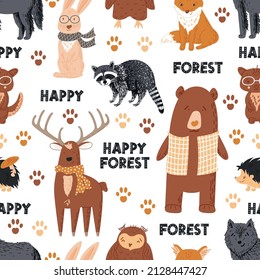 Cute hand-drawn childish seamless pattern in cartoon style with forest animals: bear, hare, deer, raccoon, fox, owl, wolf. Vector illustration. Design for textiles, packaging, wallpaper, nursery.