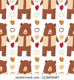 Cute hand-drawn childish seamless pattern with a kind bear in cartoon style on a white background. Vector illustration. Design of textiles, children's clothing, bed linen, gift wrapping.Forest animals