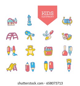 Cute Hand-drawn Children Education. Learning and Playing Icons Set